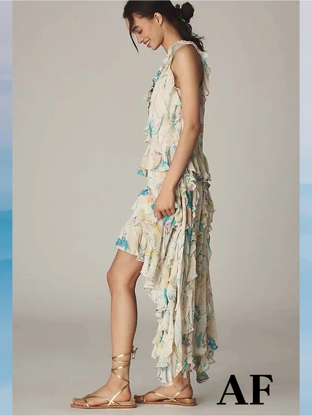 Maeve Floral Ruffle High-Low Maxi Dress in Beige and Aqua New Large - Picture 2 of 6